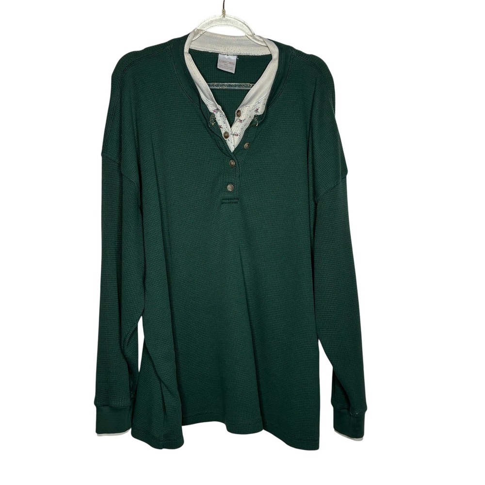 Vintage Cherokee Women XL Henley Top Green‎ Waffle Knit Floral  Gorpcore
Boxy